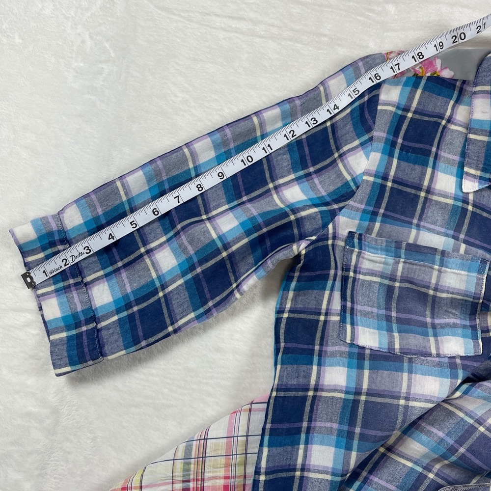 Soft‎ Surroundings Plaid Floral Embroidered Mesh Back Shirt Blue Pink Small Flaw - Picture 14 of 16